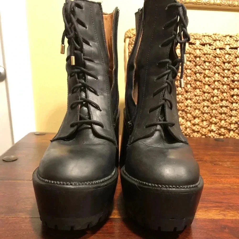 Free People Black Lace-Up Platform Ankle Boots
